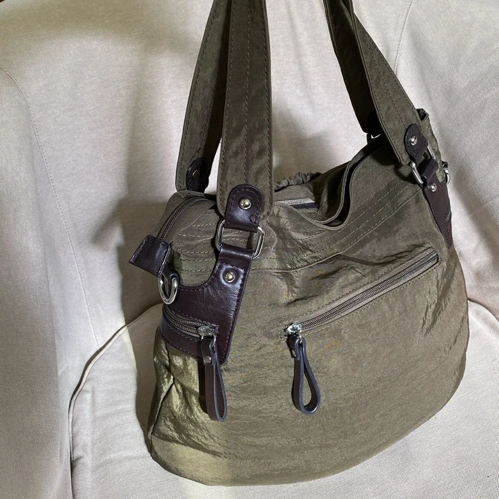 Bonnie Collection Olive Green Large Canvas Bucket Tote Bag w/Brown Leather Trim